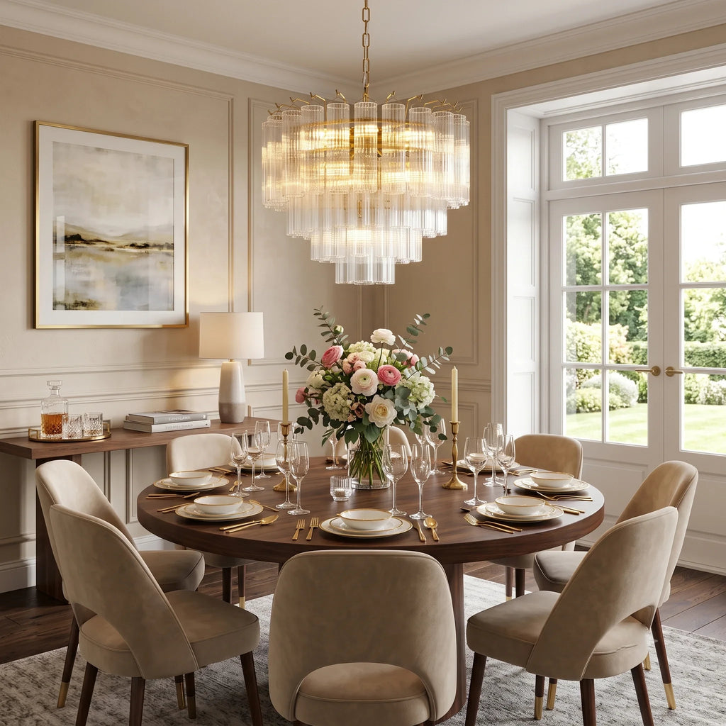 Modern Cascading Glass Chandelier Over Round Dining Table