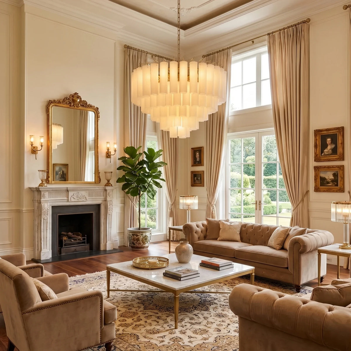 Modern Art Glass Chandelier in Vaulted Ceiling Living Room