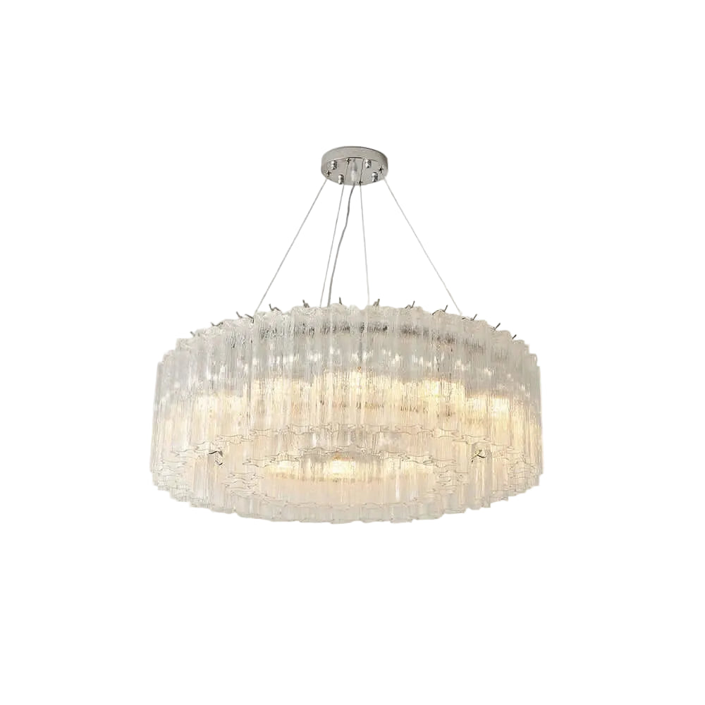 Modern Cascading Cylindrical Faceted Glass Flush Mount Ceiling Light with Nickel Finish on Pure White Background