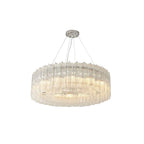 Modern Cascading Cylindrical Faceted Glass Flush Mount Ceiling Light with Nickel Finish on Pure White Background