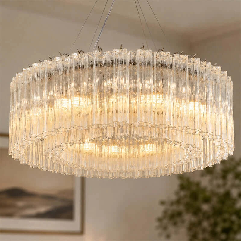 Illuminated Modern Cascading Cylindrical Faceted Glass Flush Mount Studio Shot
