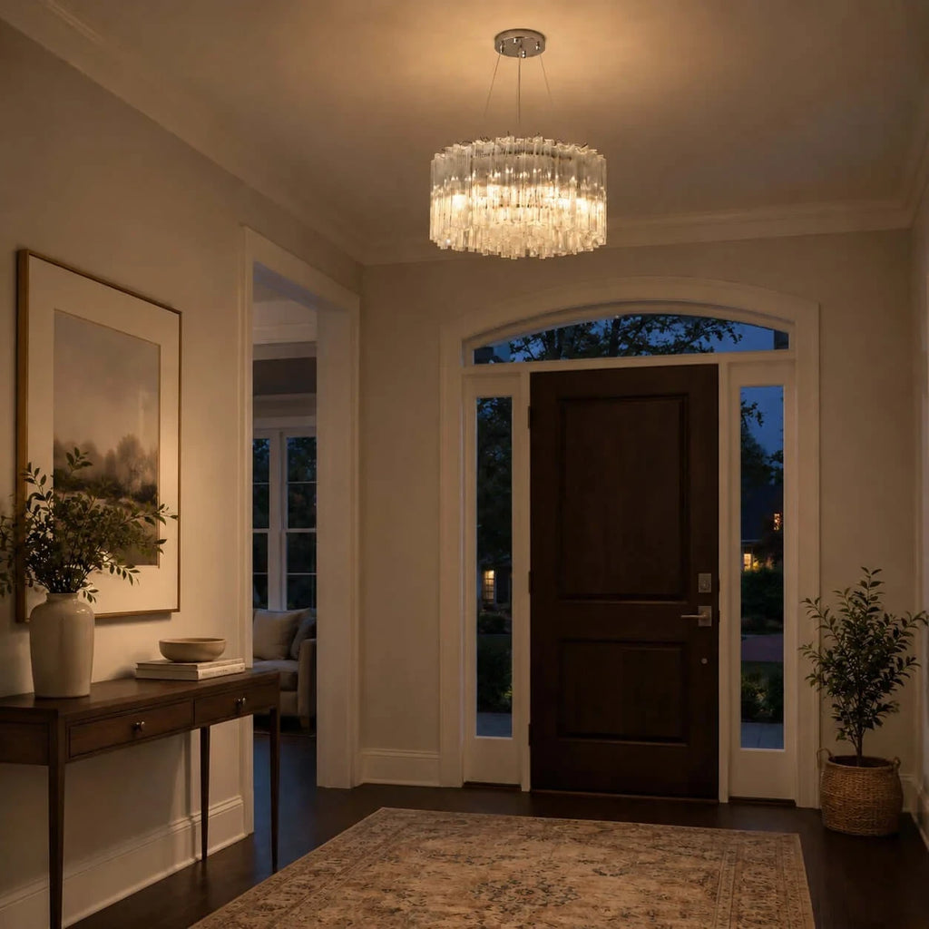 Modern Cylindrical Faceted Glass Ceiling Light in Entryway Foyer