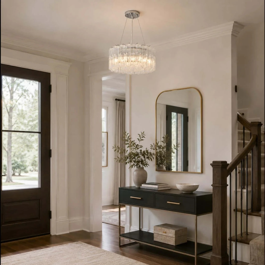 Modern Cylindrical Faceted Glass Chandelier in Hallway Corridor