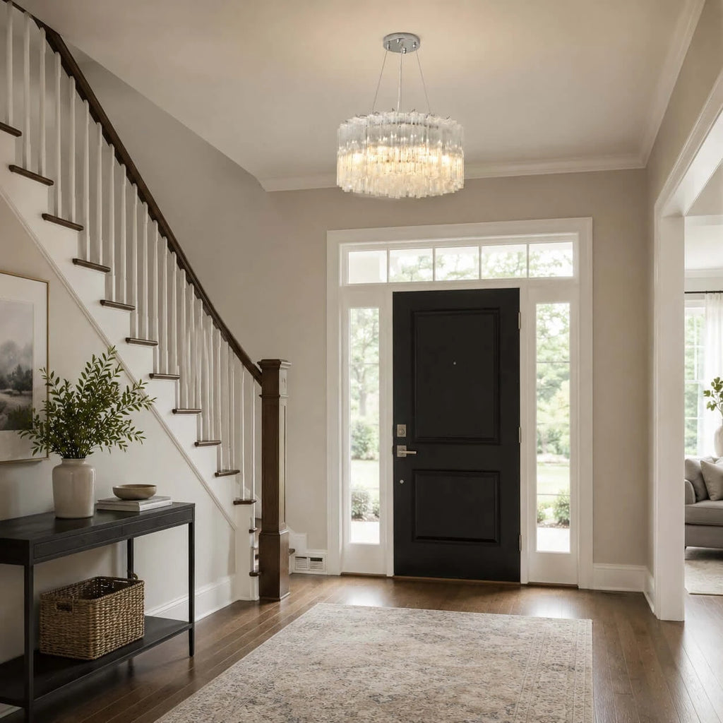Modern Cascading Cylindrical Glass Chandelier in Double-Height Entryway