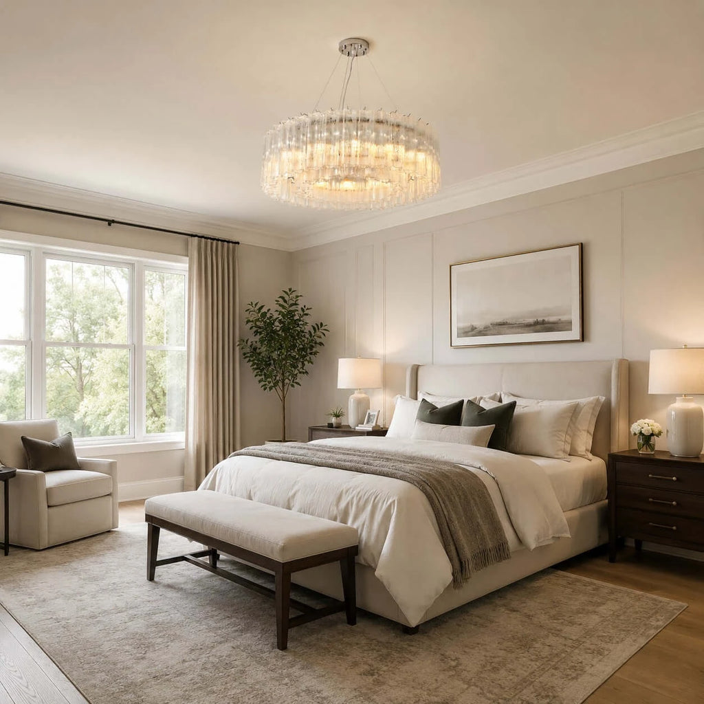 Modern Cylindrical Faceted Glass Ceiling Light in Luxury Master Suite