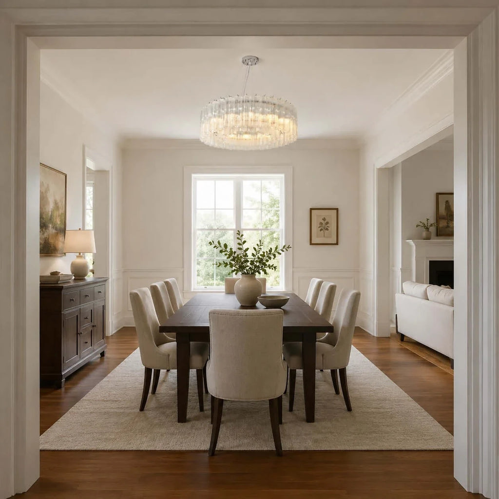 Modern Cascading Cylindrical Glass Chandelier Over Dining Room Table