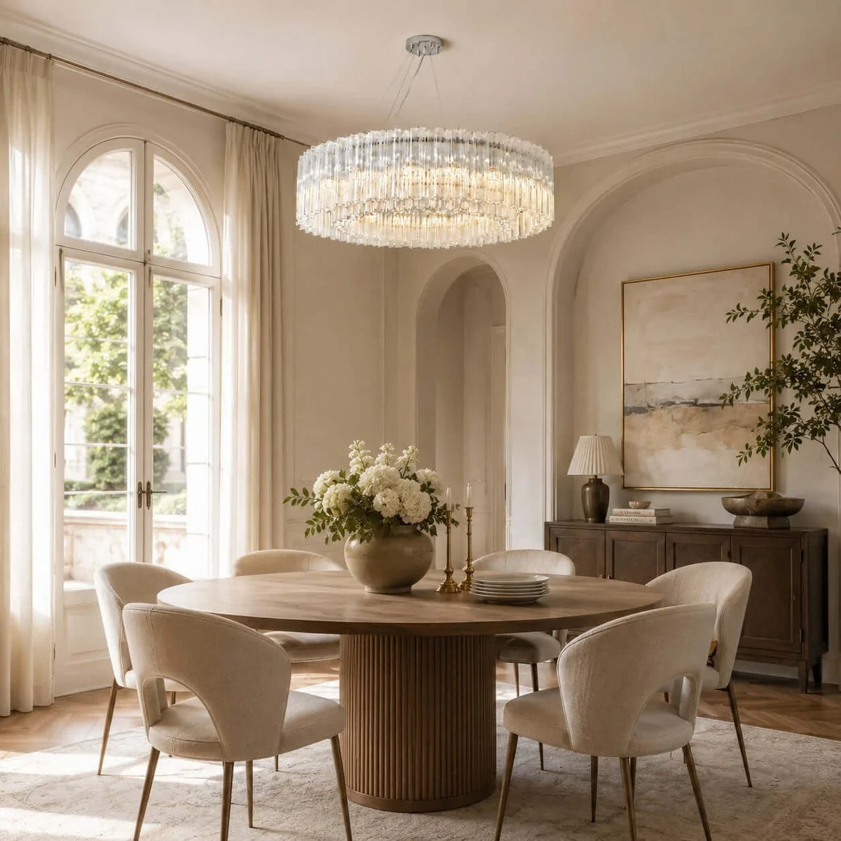 Modern Cylindrical Faceted Glass Chandelier Over Dining Area