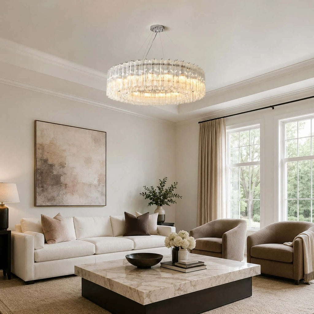 Modern Cascading Glass Chandelier in Contemporary Living Room