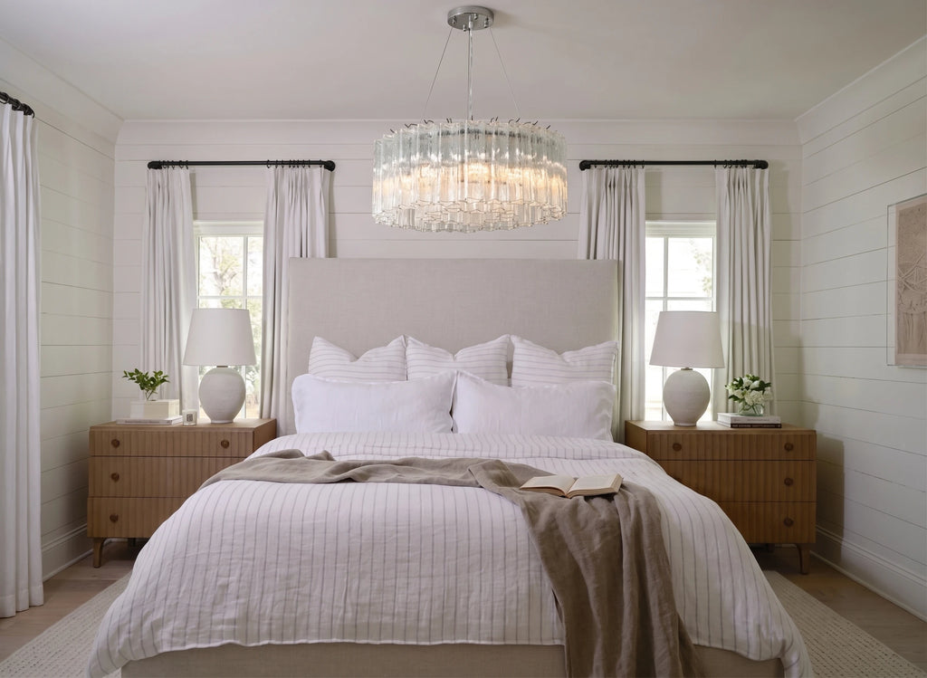 Modern Cylindrical Faceted Glass Ceiling Light in Master Bedroom Setting