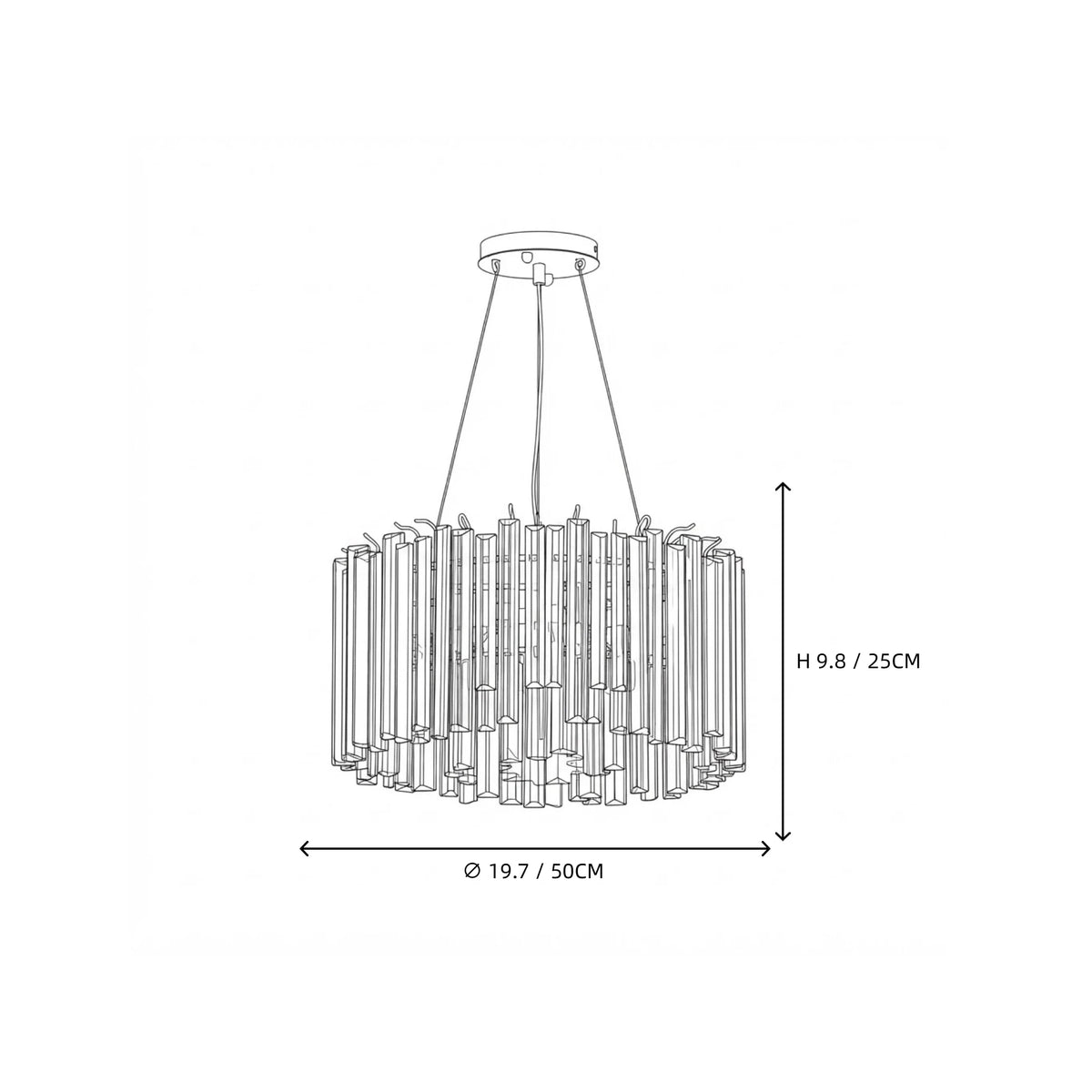 Modern Cascading Cylindrical Faceted Glass Ceiling Light Style A Line Art Dimension Diagram