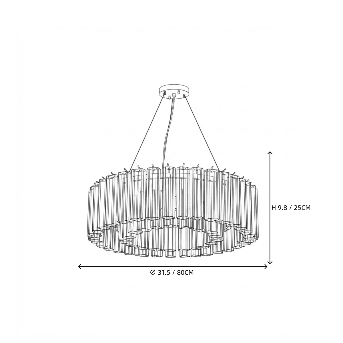 Modern Cascading Cylindrical Faceted Glass Ceiling Light Style C Line Art Dimension Diagram