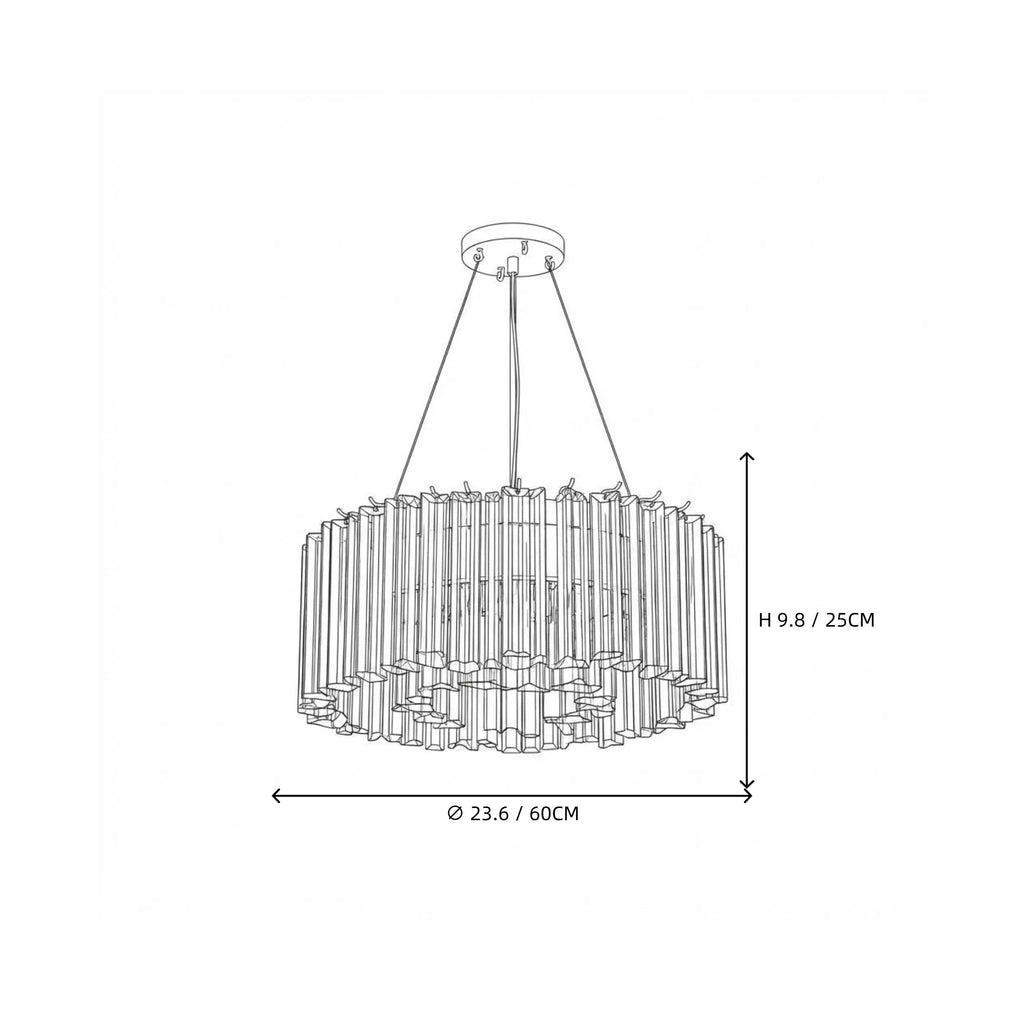 Modern Cascading Cylindrical Faceted Glass Ceiling Light Style B Line Art Dimension Diagram