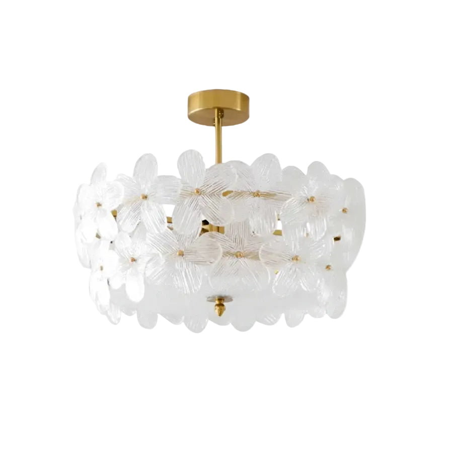 Modern Crystal Floral Art Glass Flush Mount Ceiling Light with Brass Stem on Pure White Background