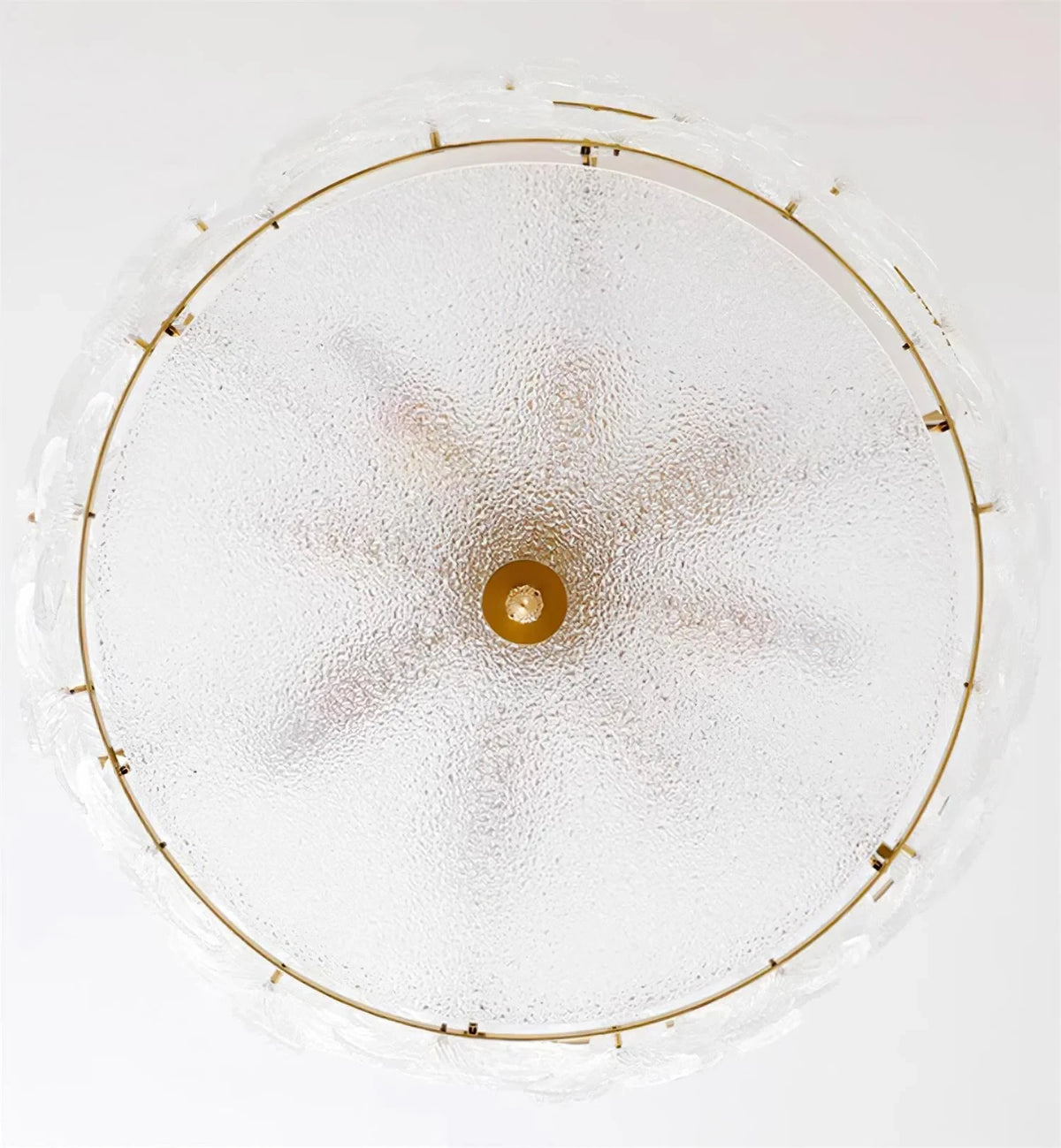 Bottom Up View of Crystal Floral Art Glass Ceiling Light and Internal Bulbs