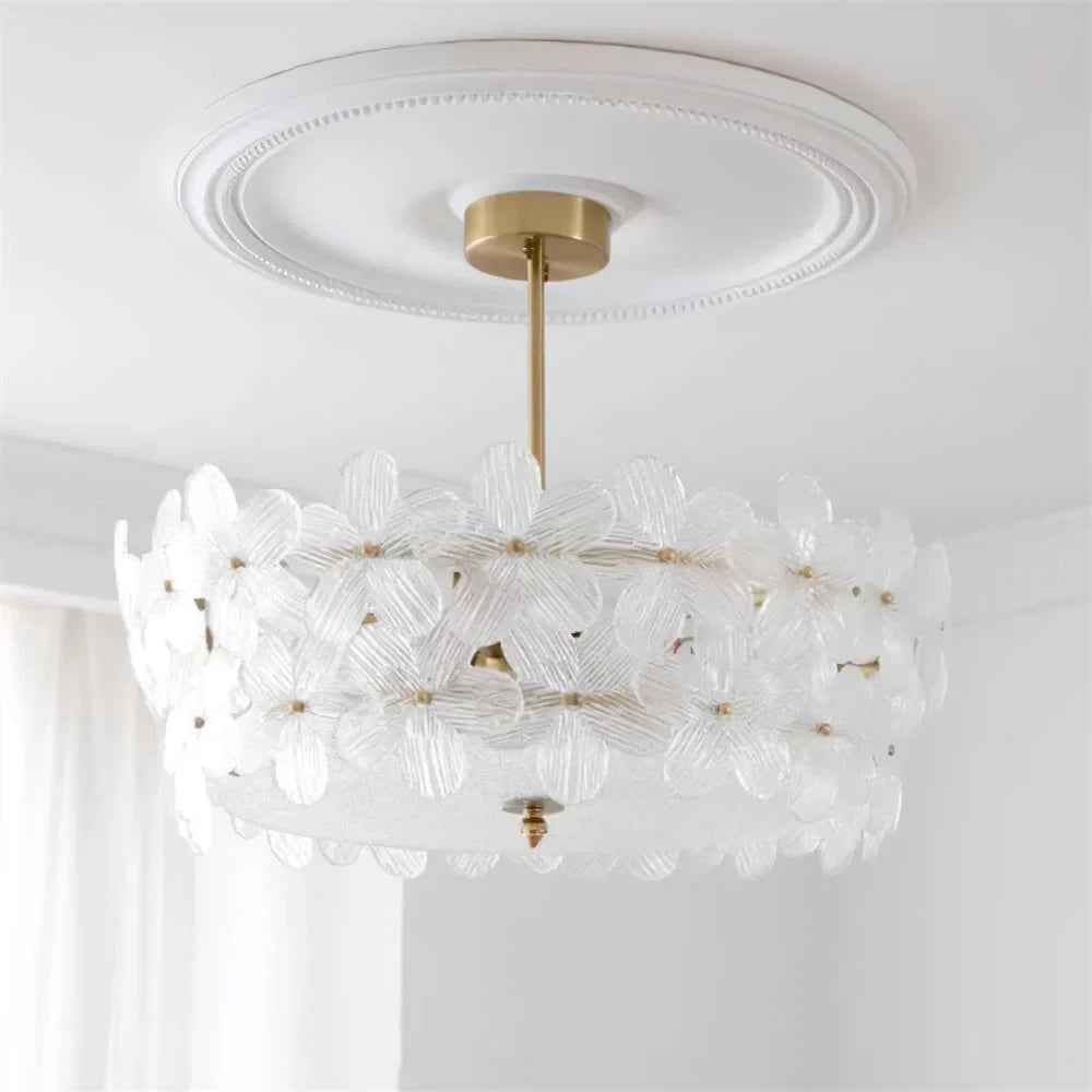 Angled View of Illuminated Modern Crystal Floral Art Glass Ceiling Light