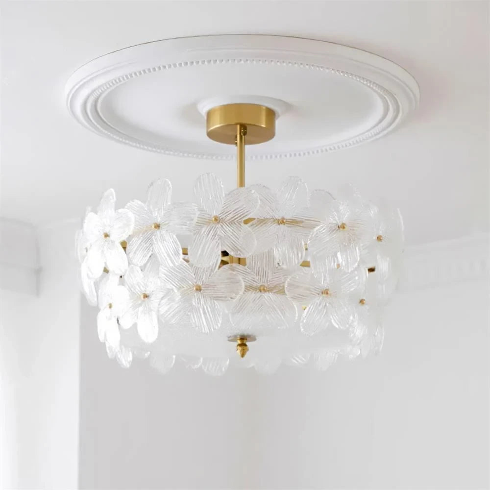 Front View of Illuminated Modern Crystal Floral Flush Mount Ceiling Light