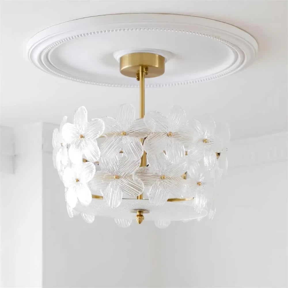 Bottom Up View of Illuminated Modern Crystal Floral Art Glass Ceiling Light