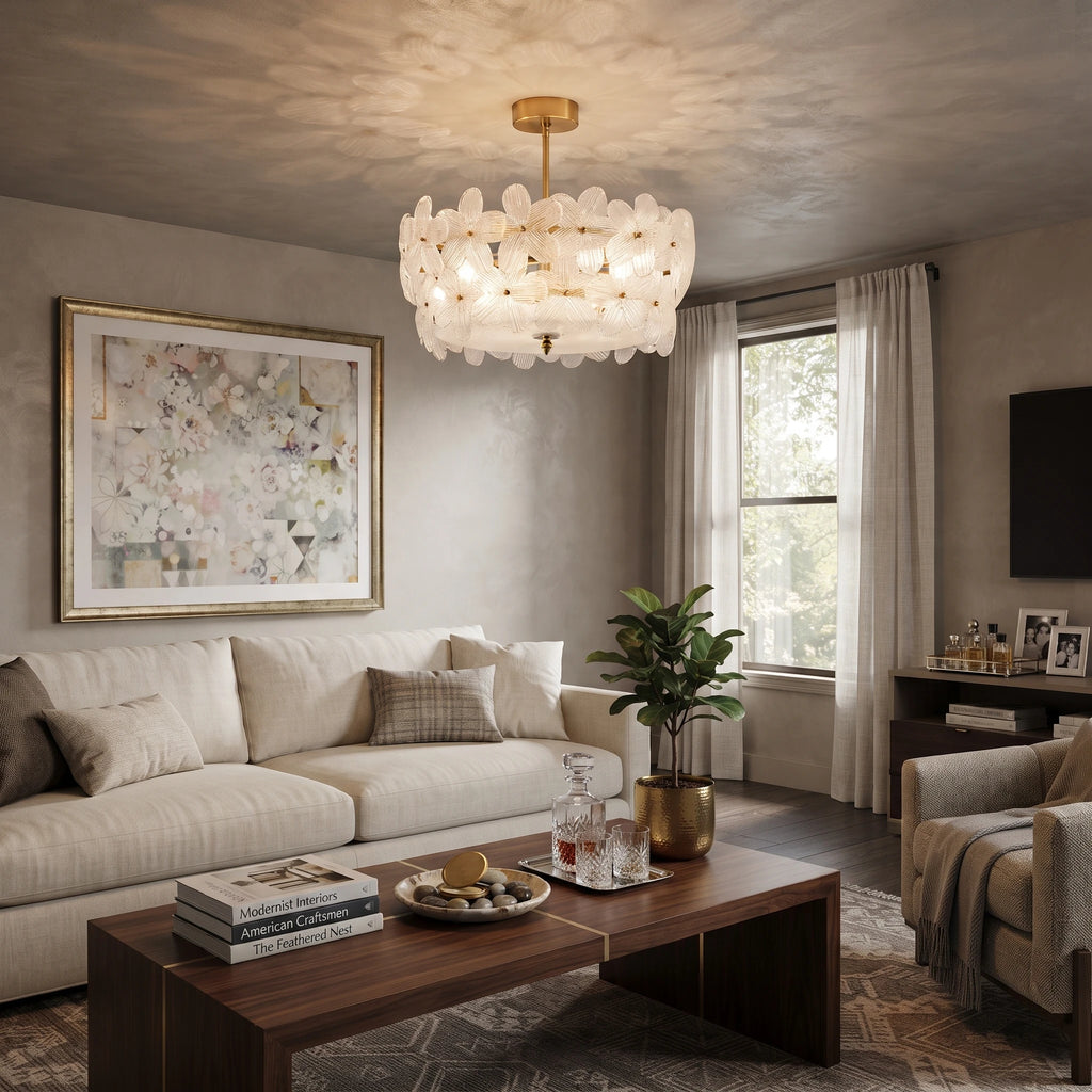 Modern Crystal Floral Art Glass Ceiling Light in Living Room Setting