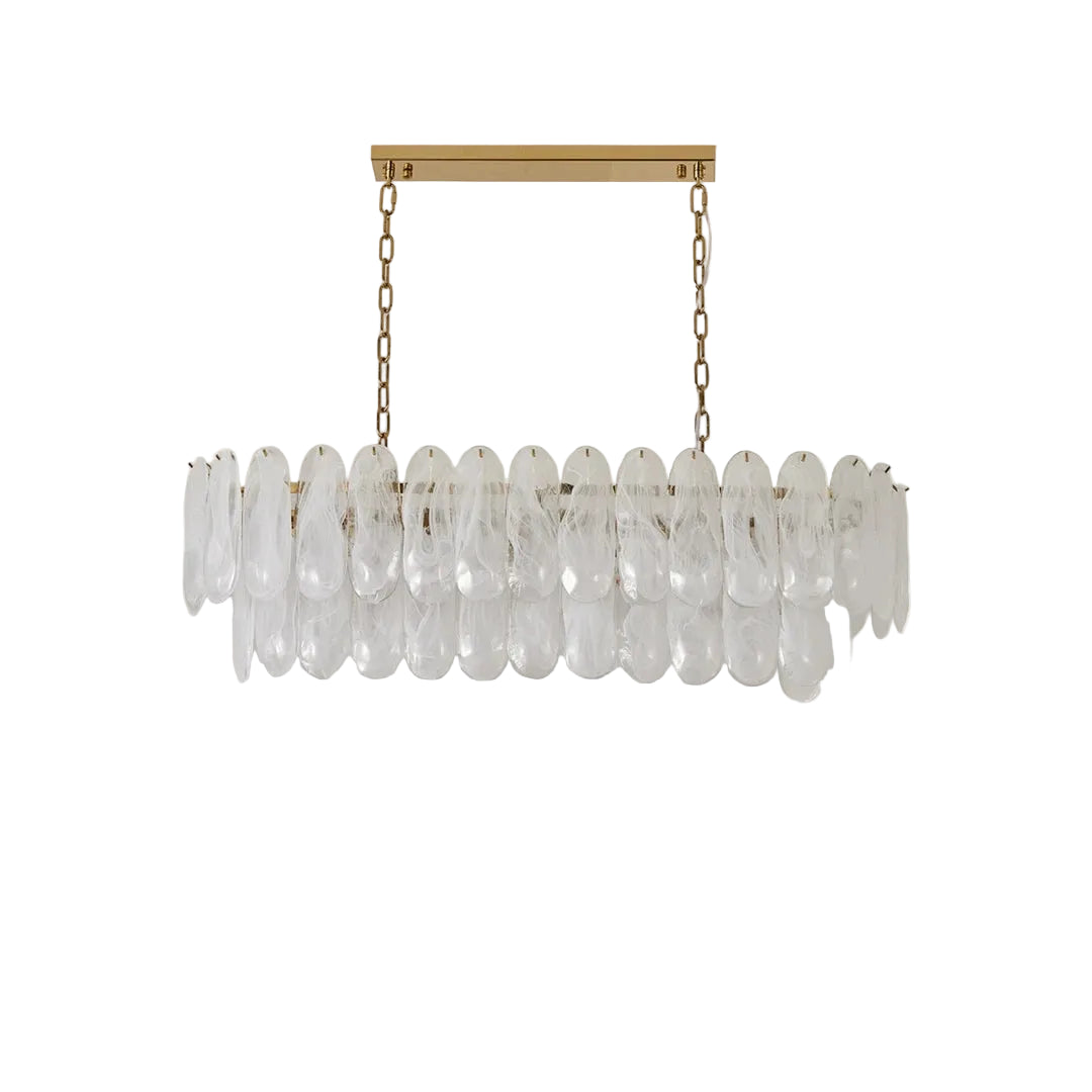 Modern White Art Glass Linear Chandelier with Brass Chain on Pure White Background