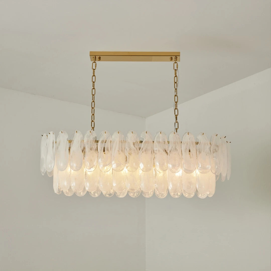 Illuminated Modern White Glass Linear Chandelier Studio Display