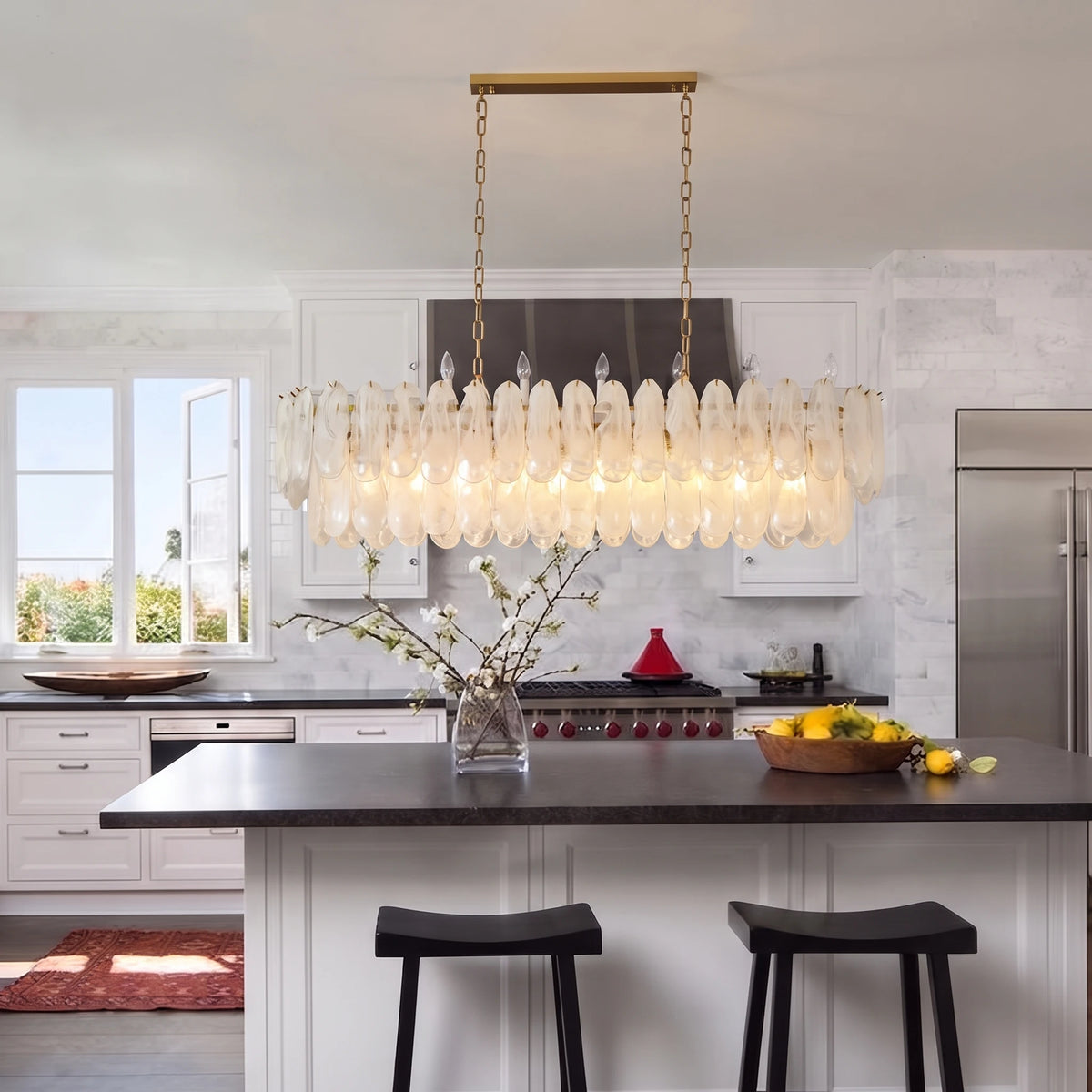 Modern White Glass Linear Chandelier Over Kitchen Island
