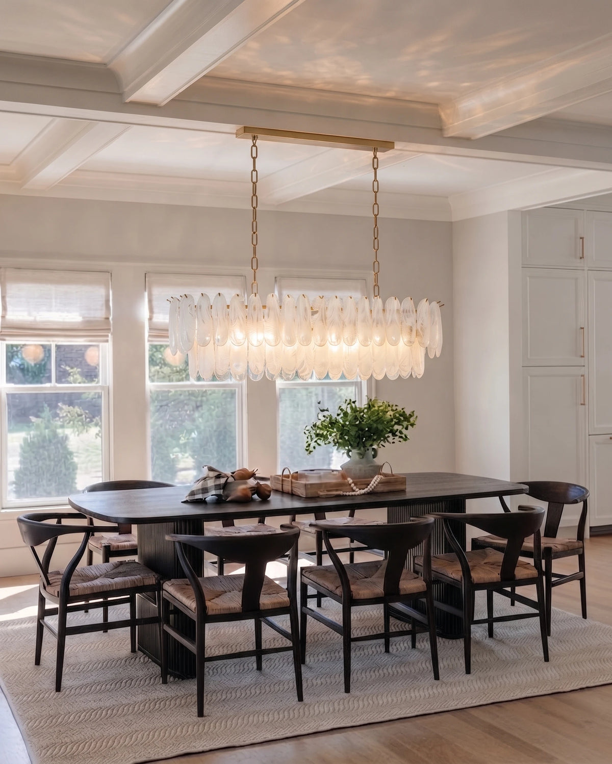 Contemporary White Art Glass Linear Chandelier in Dining Area