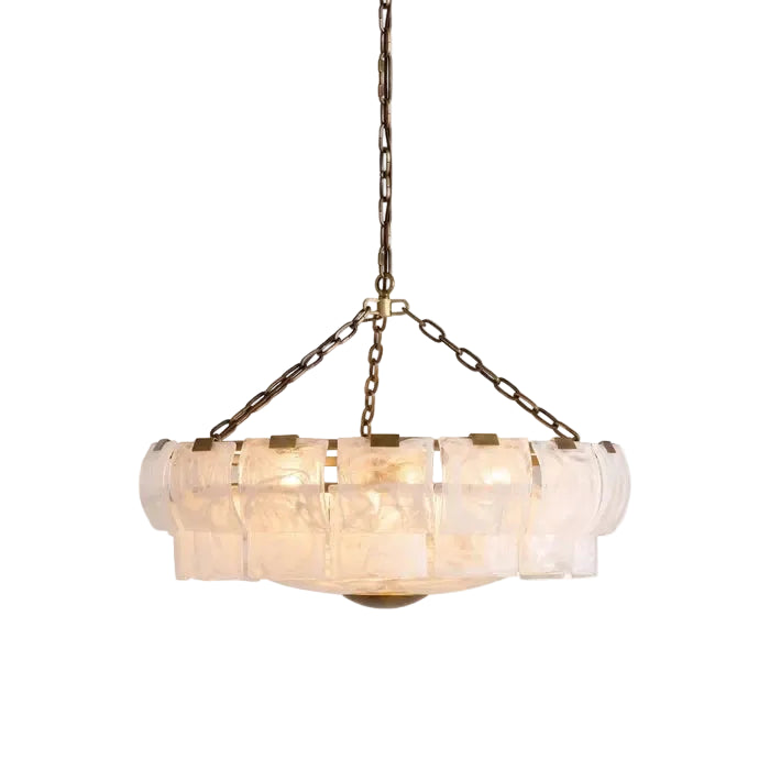 Modern White Ice Glass Circular Chandelier with Brass Chain on Pure White Background