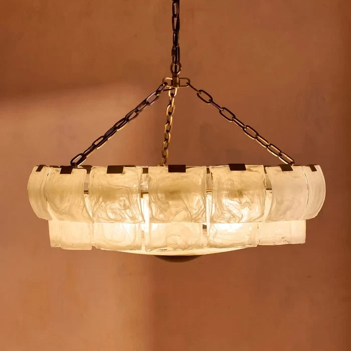 Illuminated Modern White Ice Glass Chandelier Studio Display