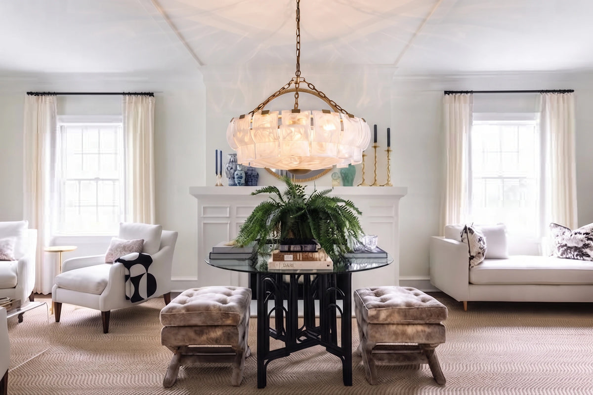 Contemporary White Ice Glass Circular Chandelier in Living Space