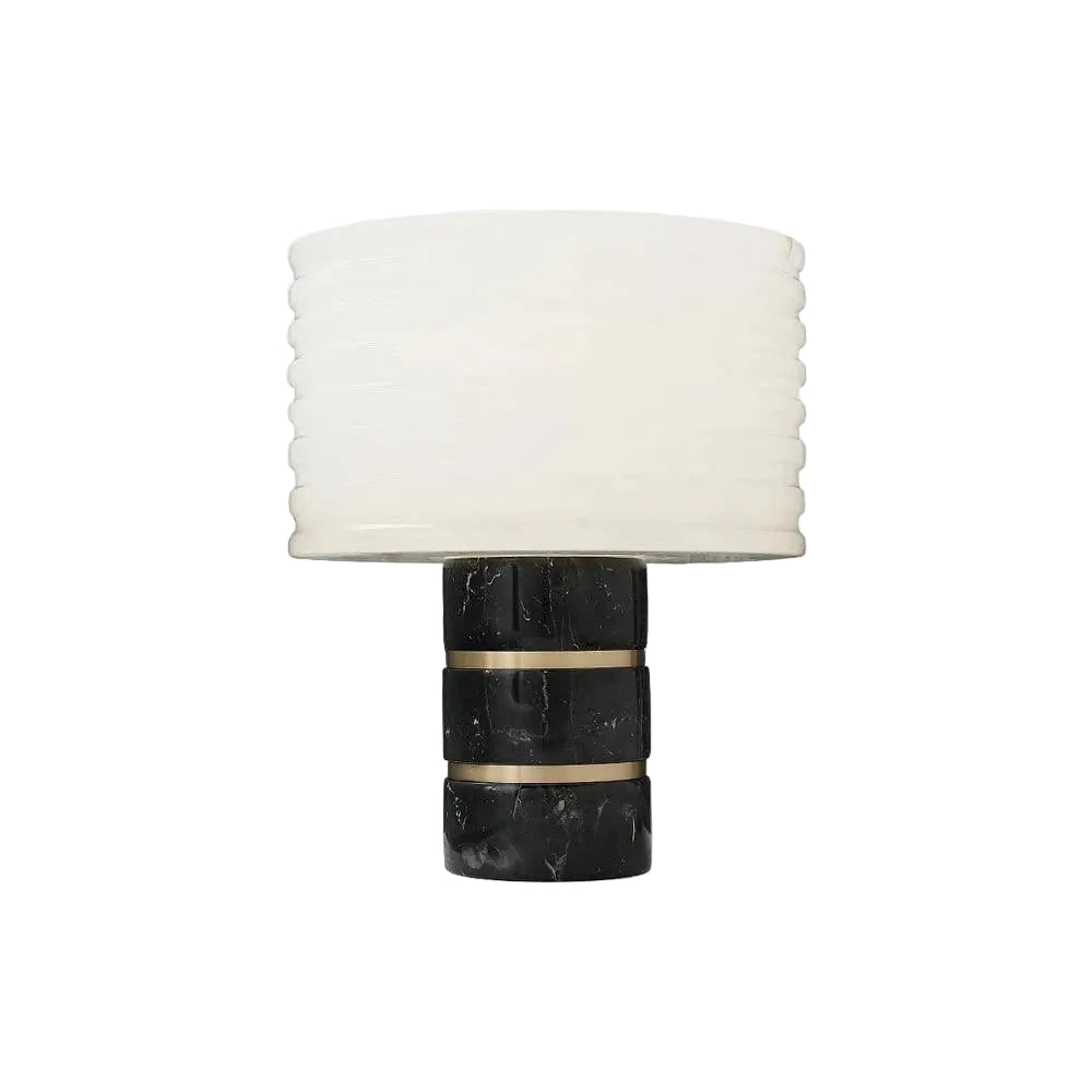 Modern Ribbed Alabaster Accent Table Lamp with Black Marble Base on Pure White Background