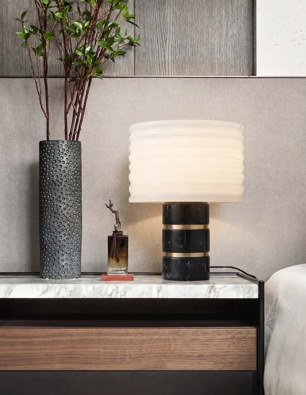 Alabaster Table Lamp on Living Room Credenza