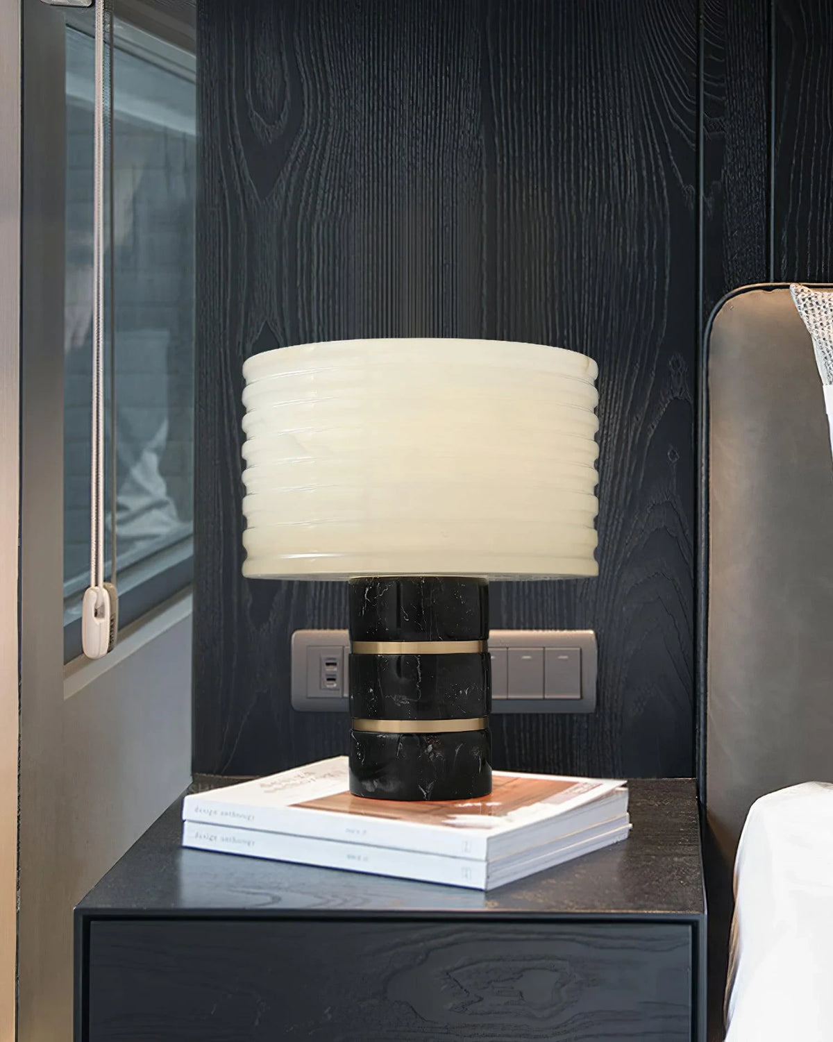 Modern Ribbed Alabaster Bedside Lamp on Dark Wood Nightstand