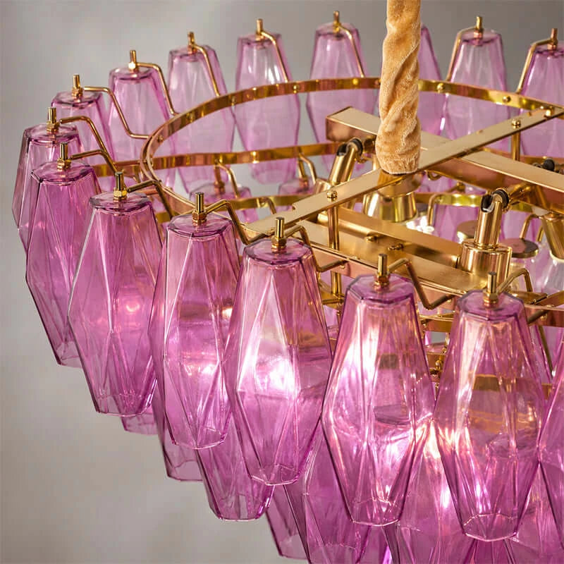 Illuminated Modern Oval Pink Faceted Art Glass Linear Chandelier Studio Shot