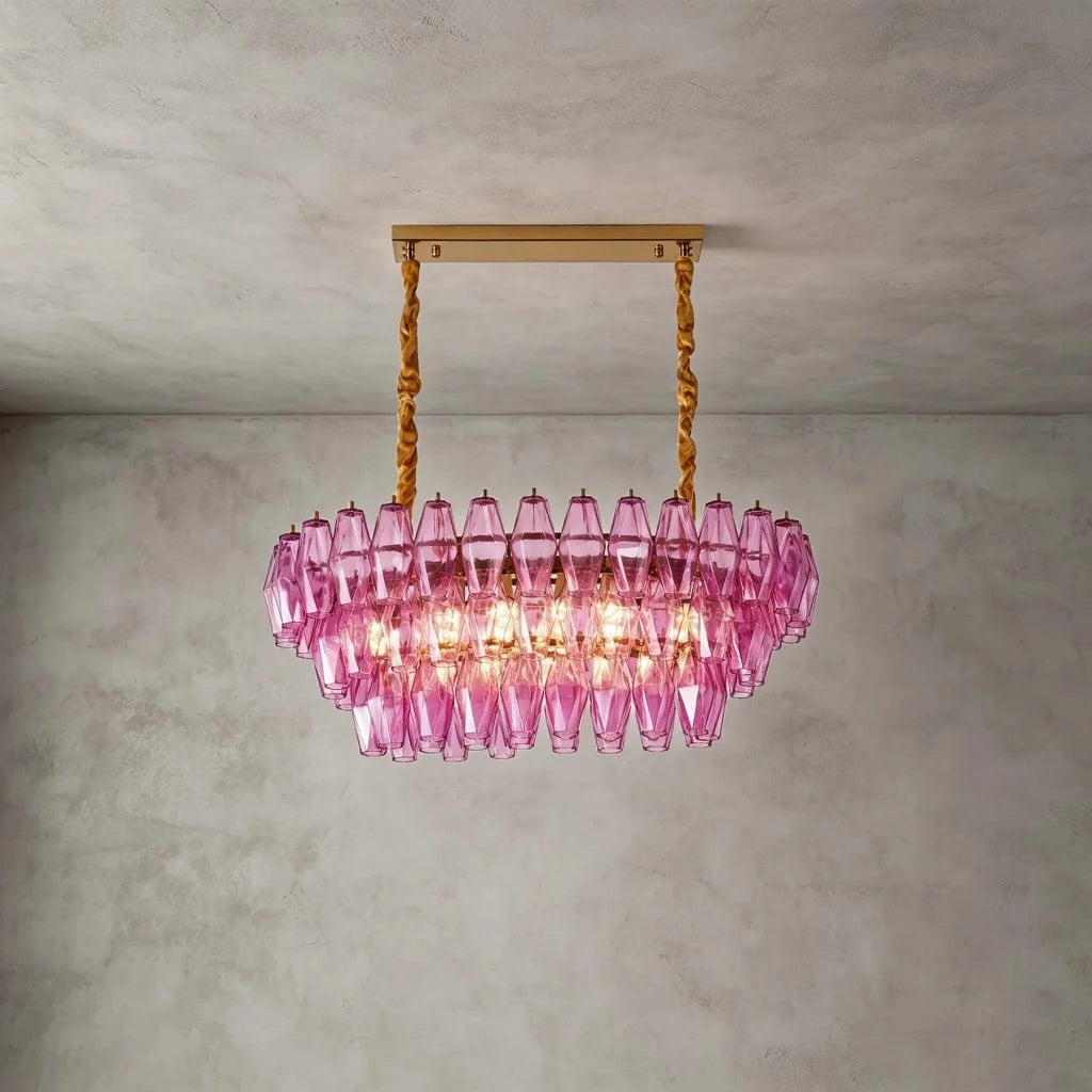 Side View of Illuminated Modern Pink Faceted Art Glass Chandelier