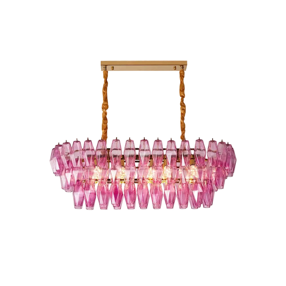 Modern Oval Pink Faceted Art Glass Linear Chandelier with Brass Canopy on Pure White Background