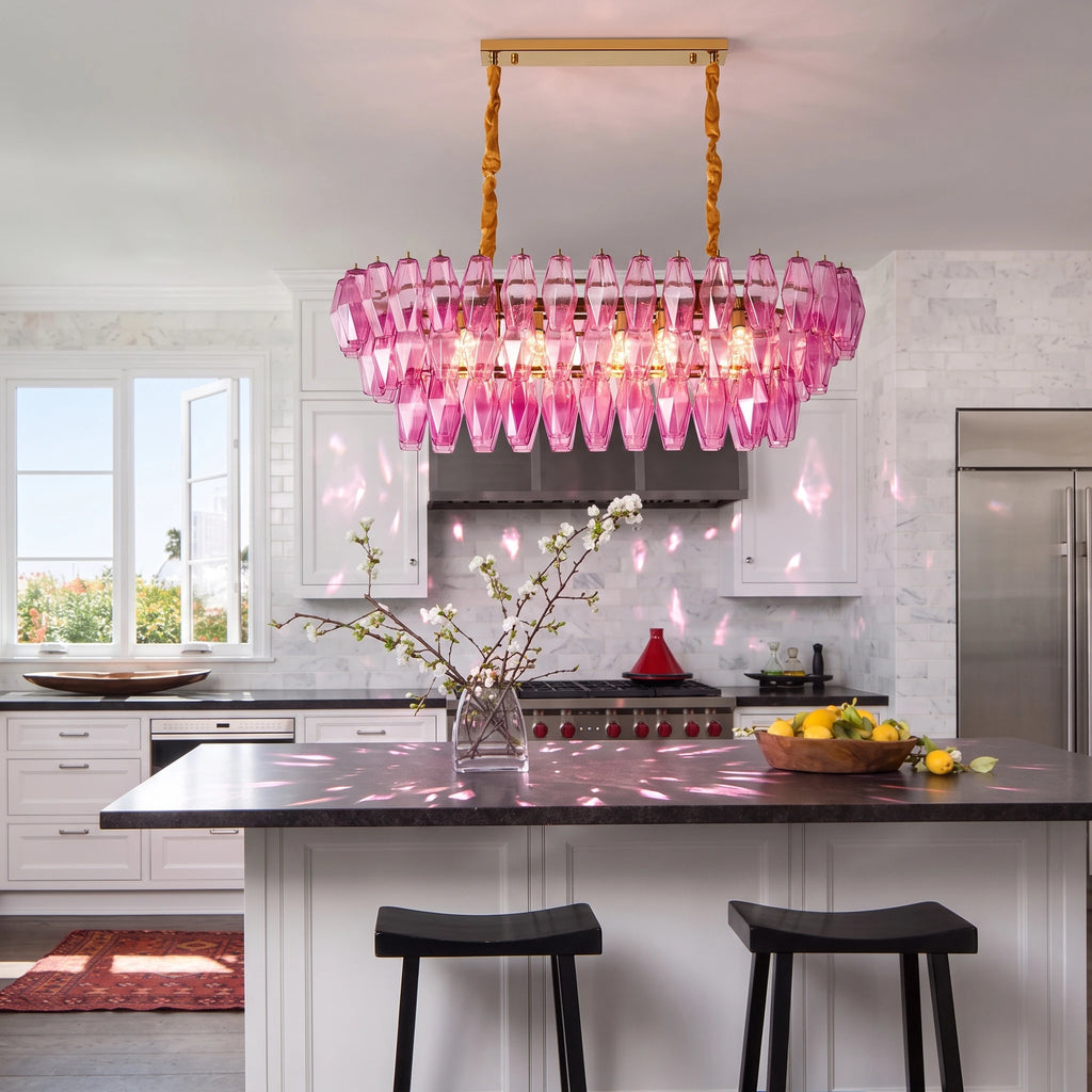 Modern Pink Faceted Glass Linear Chandelier Over Kitchen Island