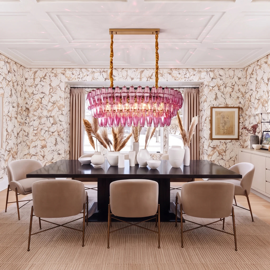 Modern Pink Art Glass Linear Chandelier Over Dining Room Table