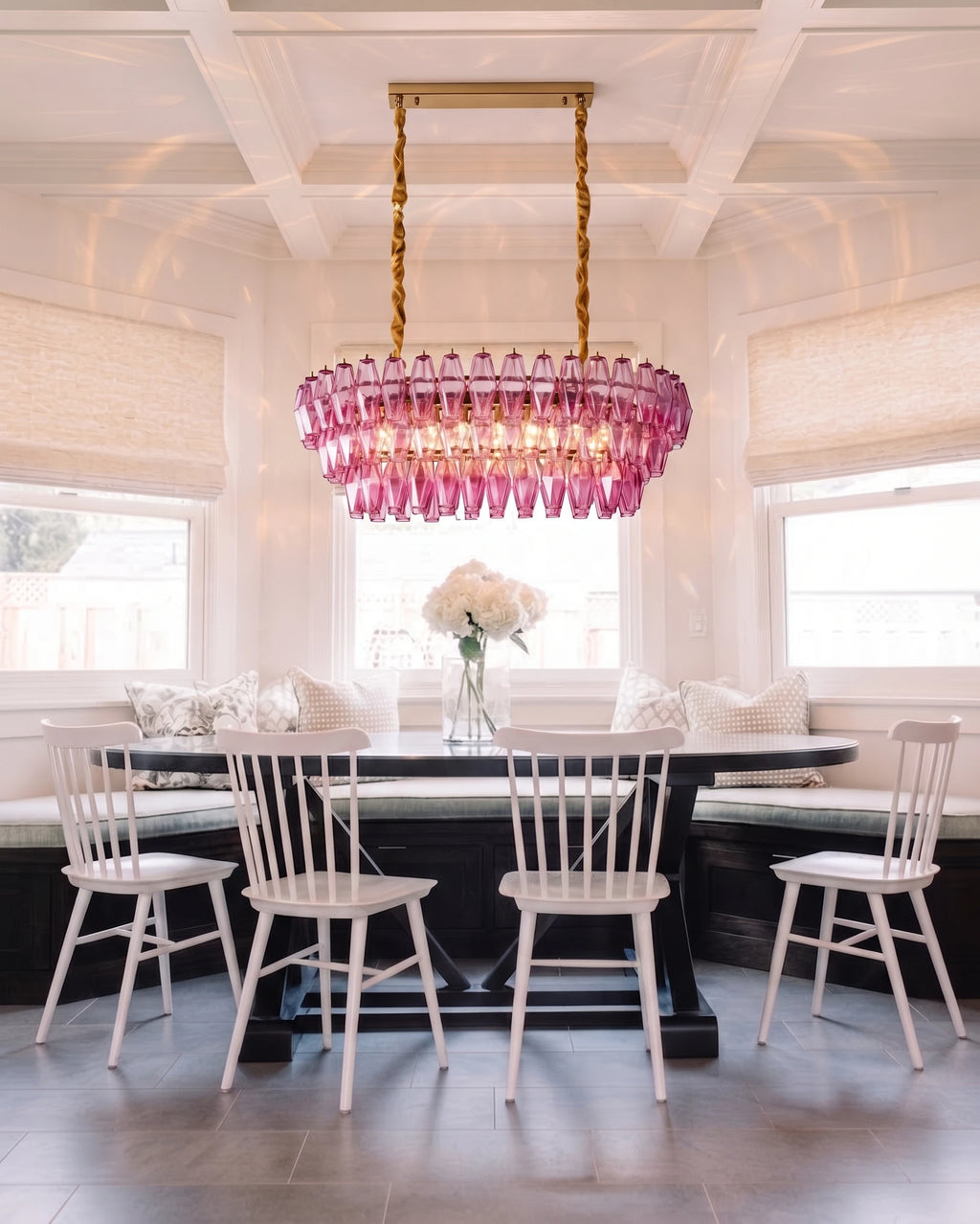 Modern Pink Art Glass Linear Chandelier in Dining Room
