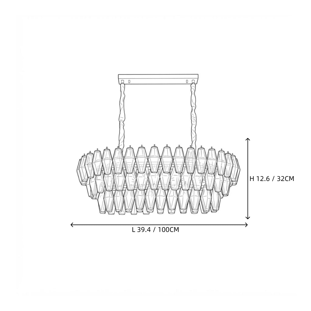 Modern Oval Pink Faceted Art Glass Linear Chandelier Style B Line Art Dimension Diagram