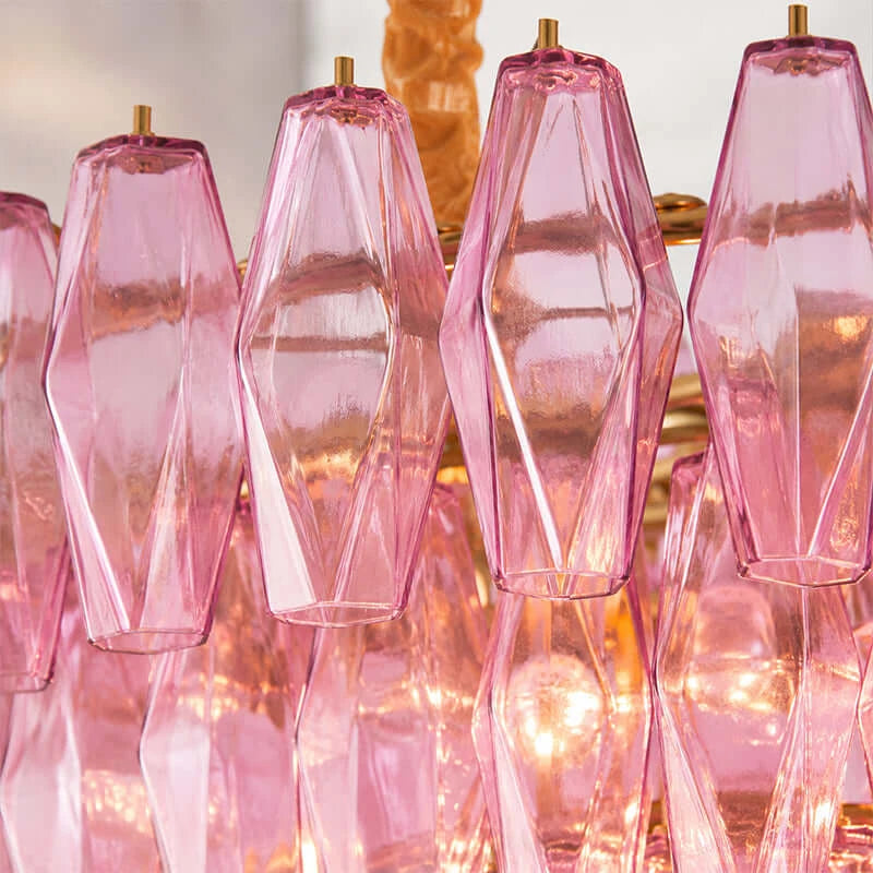 Close Up View of Pink Faceted Art Glass Shades and Internal Bulbs