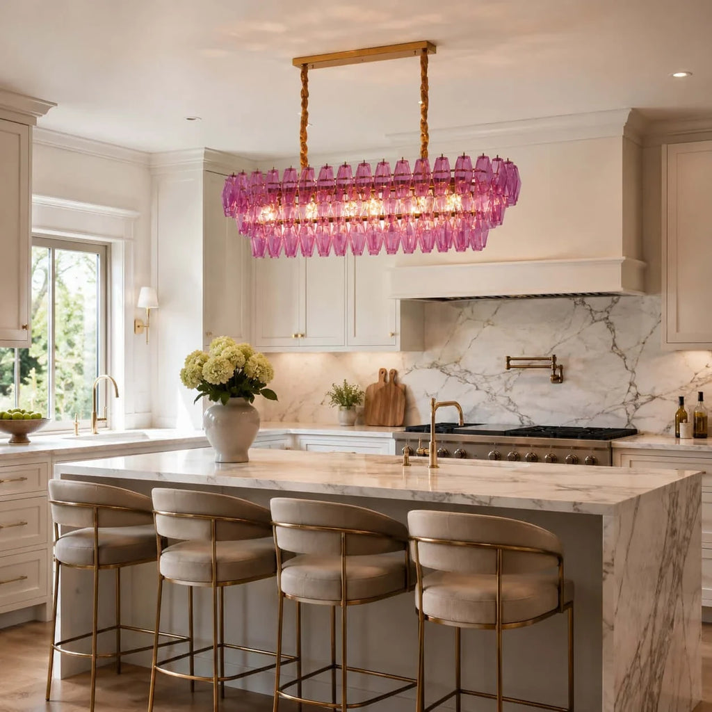 Modern Pink Linear Chandelier in Contemporary Kitchen