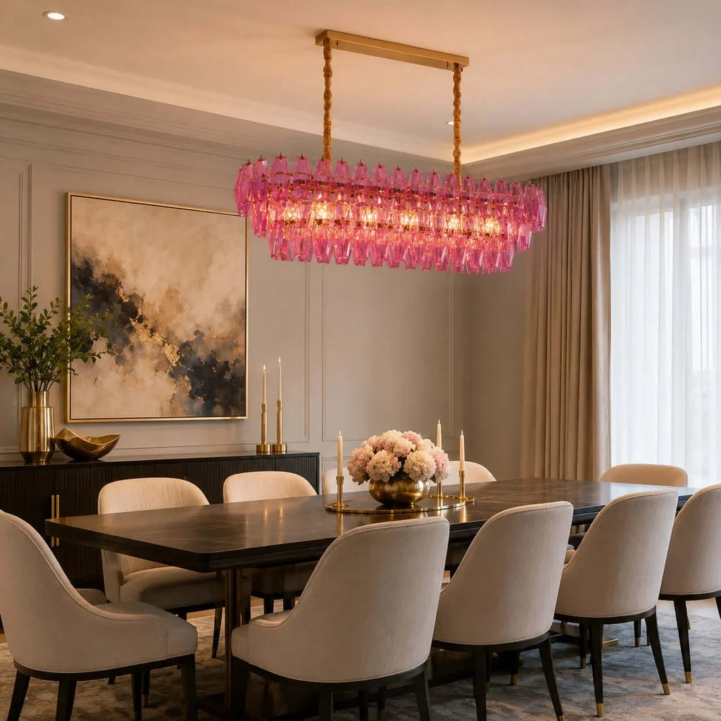 Modern Pink Art Glass Chandelier in Dining Area Setting