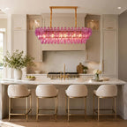 Modern Oval Pink Faceted Glass Chandelier Over Kitchen Bar