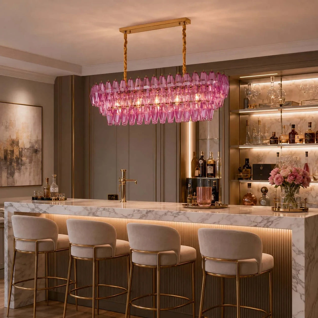 Modern Pink Linear Chandelier in Open Plan Dining Room