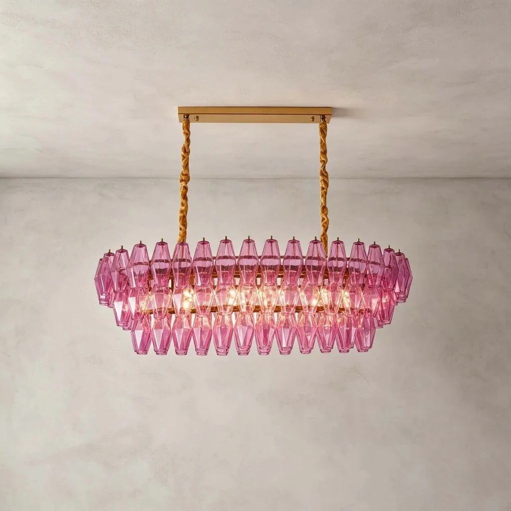 Studio Display of Illuminated Modern Pink Faceted Glass Linear Chandelier