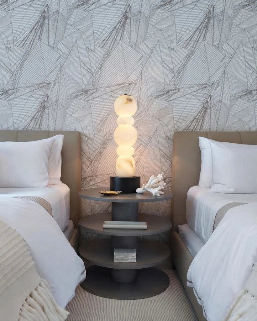 Modern Black Base Alabaster Table Lamp in Twin Bedroom Setting