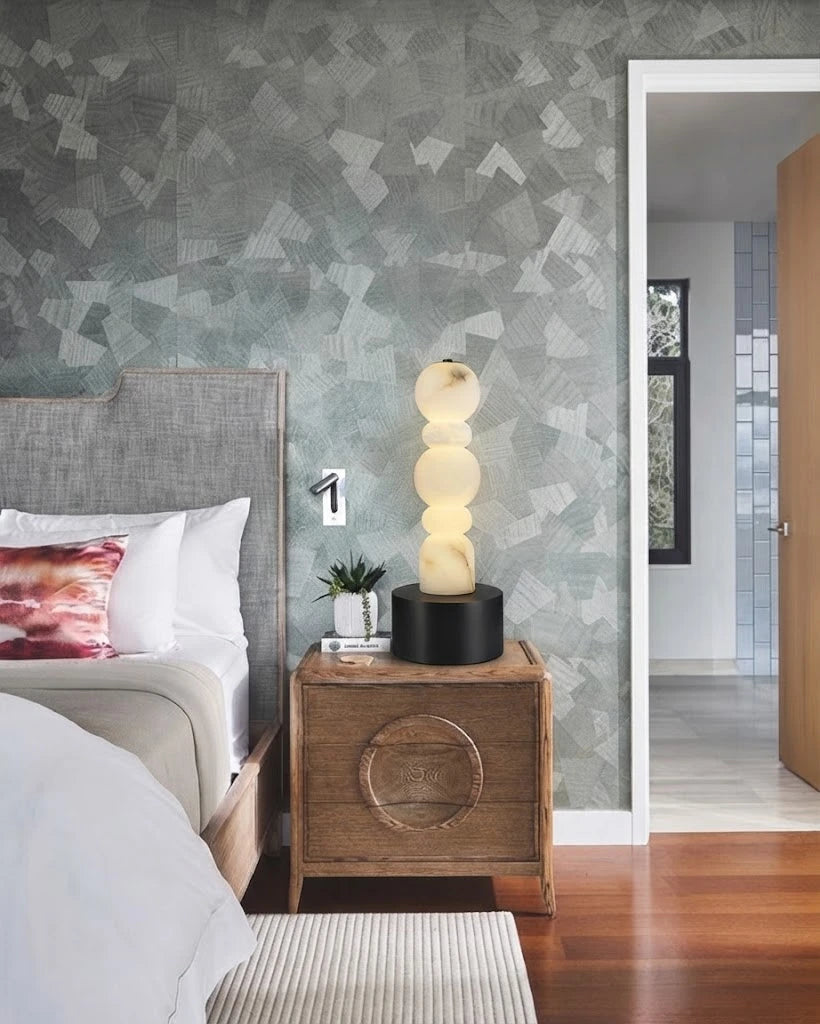 Modern Stacked Sphere Alabaster Table Lamp in Cozy Bedroom Hallway