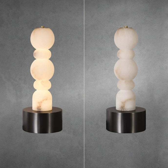 Illuminated Modern Stacked Sphere Alabaster Table Lamp Comparison Display