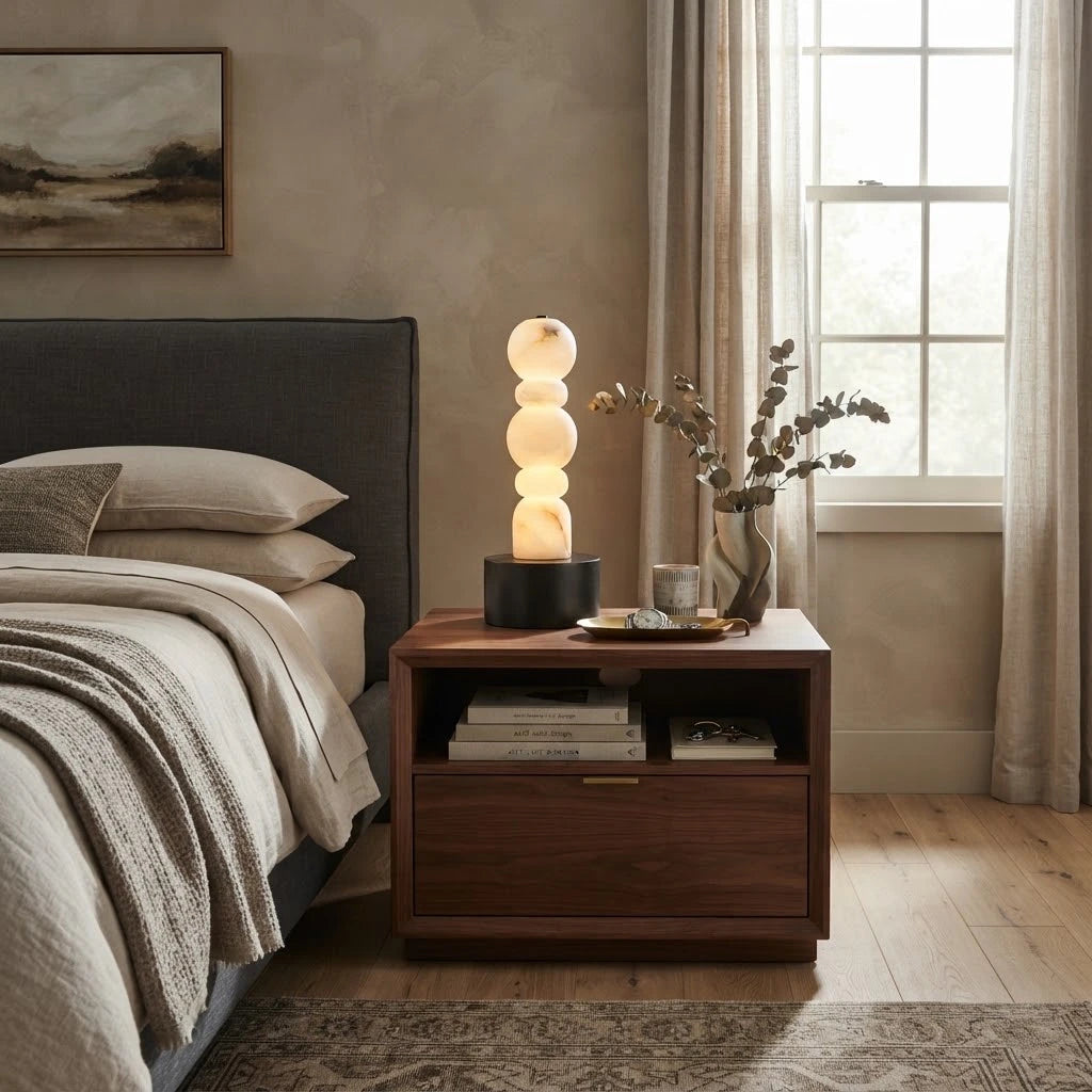 Modern Stacked Sphere Alabaster Table Lamp in Master Bedroom Interior