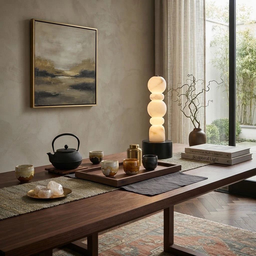 Modern Black Base Alabaster Table Lamp in Designer Tea Room Setting